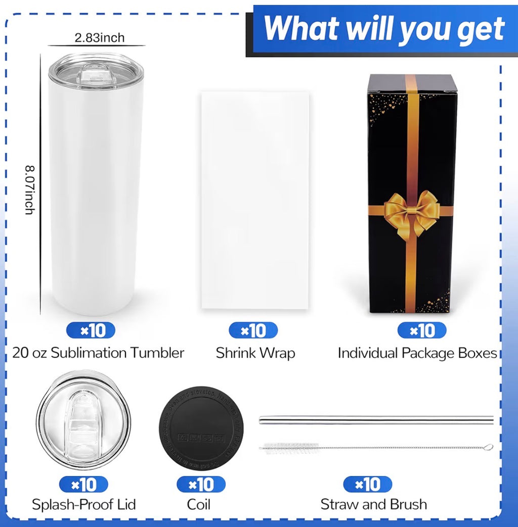 20 oz White Sublimation Starter Bundle + 10 Printed Designs