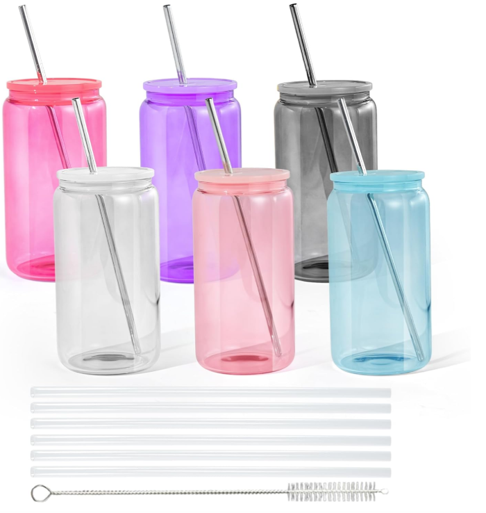 16oz Plastic Colored Mason Jar Bundle + UV DTF Stickers (6 Pack)