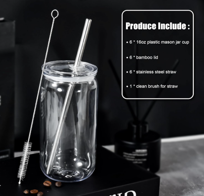 16oz Acrylic Mason Jar Bundle + UV DTF Stickers (6 Pack)