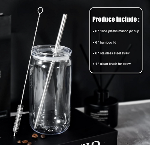 16oz Acrylic Mason Jar Bundle + UV DTF Stickers (6 Pack)